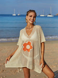 Openwork Flower V-Neck Short Sleeve Cover Up - Trendsi - Flyclothing LLC