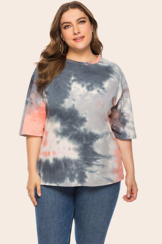 Plus Size Tie-Dye Half Sleeve Tee Shirt - Trendsi - Flyclothing LLC