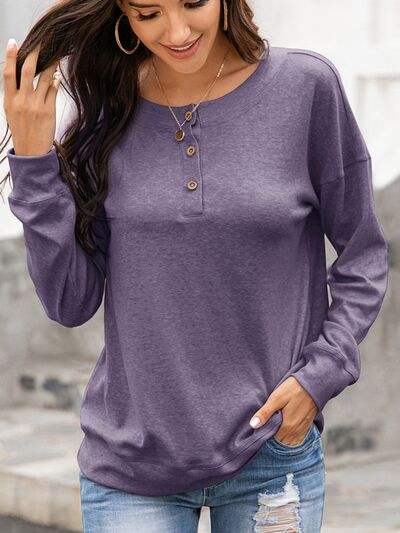 Quarter Button Dropped Shoulder Blouse - Trendsi - Flyclothing LLC