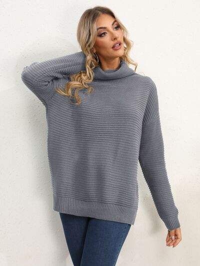 Slit Turtleneck Dropped Shoulder Sweater - Trendsi - Flyclothing LLC