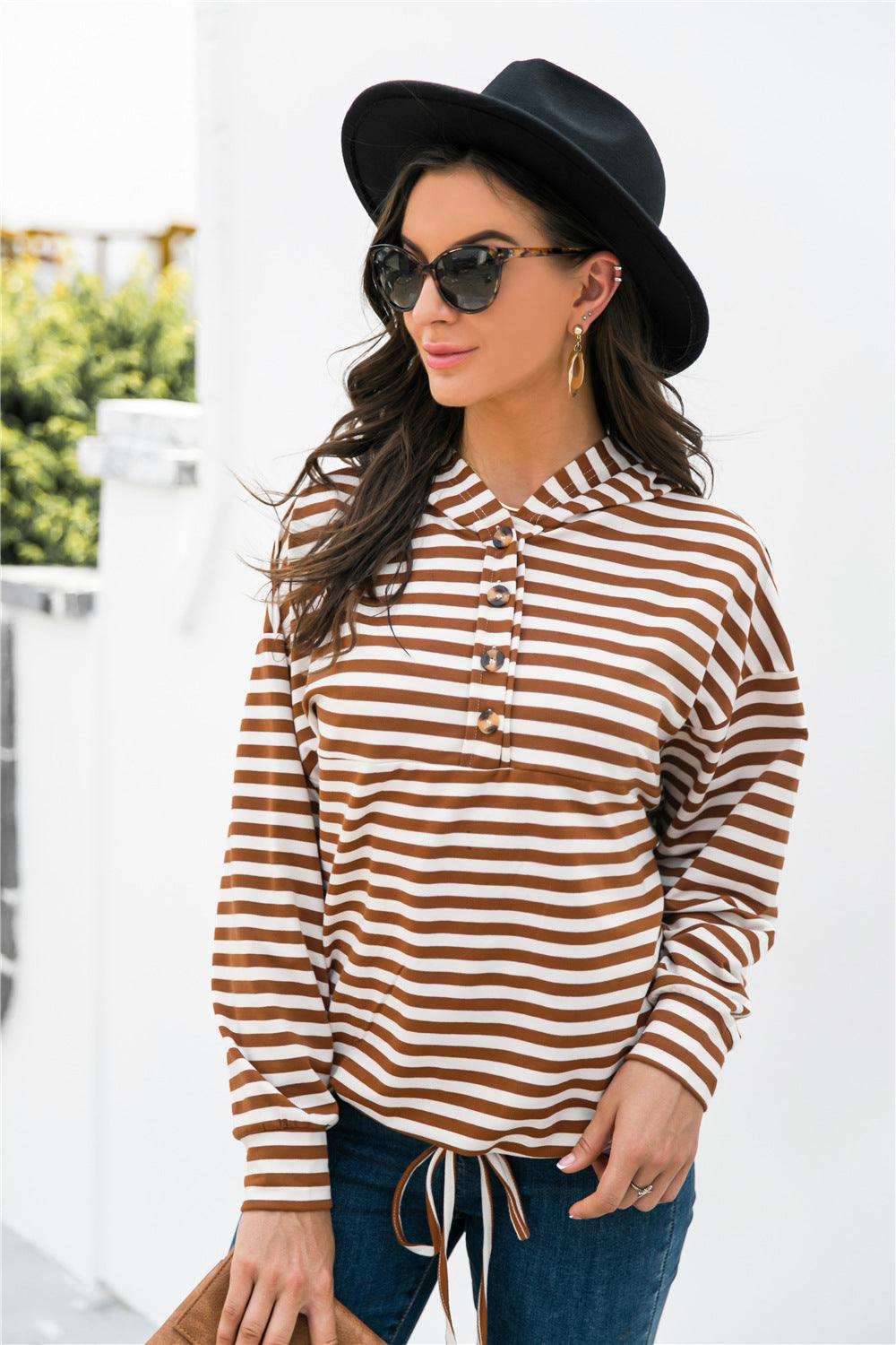 Striped Half-Button Dropped Shoulder Hoodie - Trendsi - Flyclothing LLC