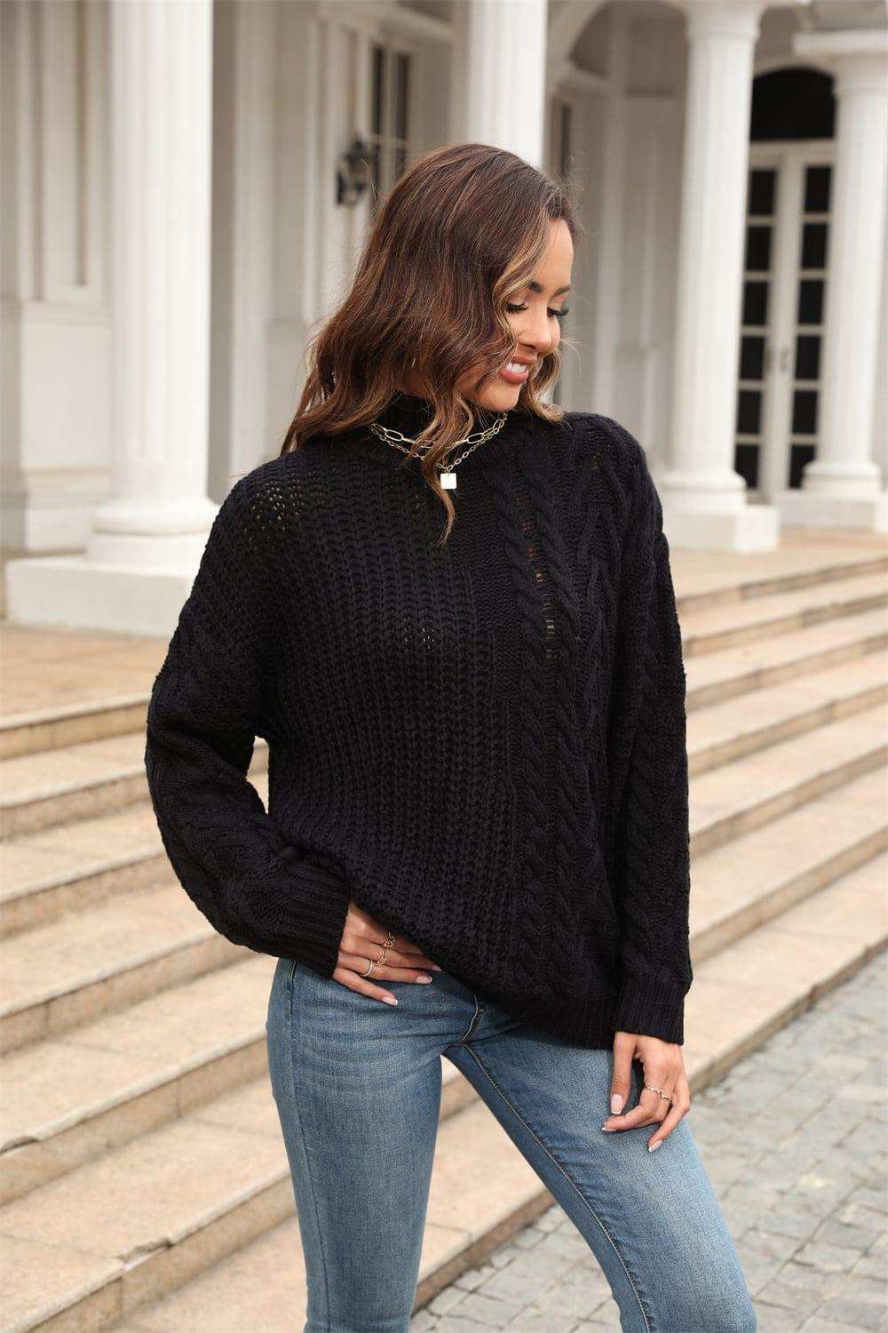 Cable-Knit Turtle Neck Long Sleeve Sweater - Trendsi - Flyclothing LLC