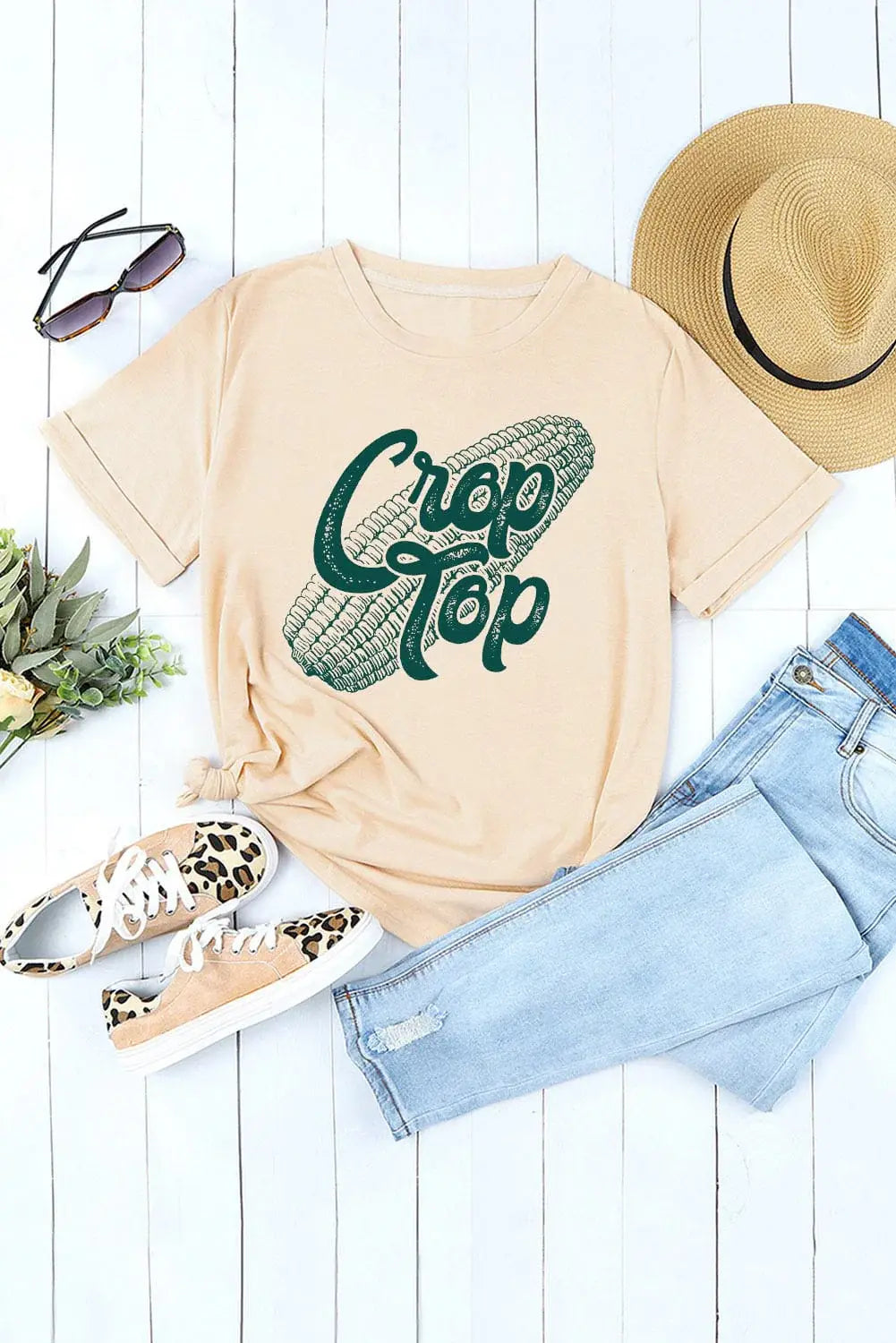 Corn Letter Graphic Cuffed Tee - Trendsi - Flyclothing LLC
