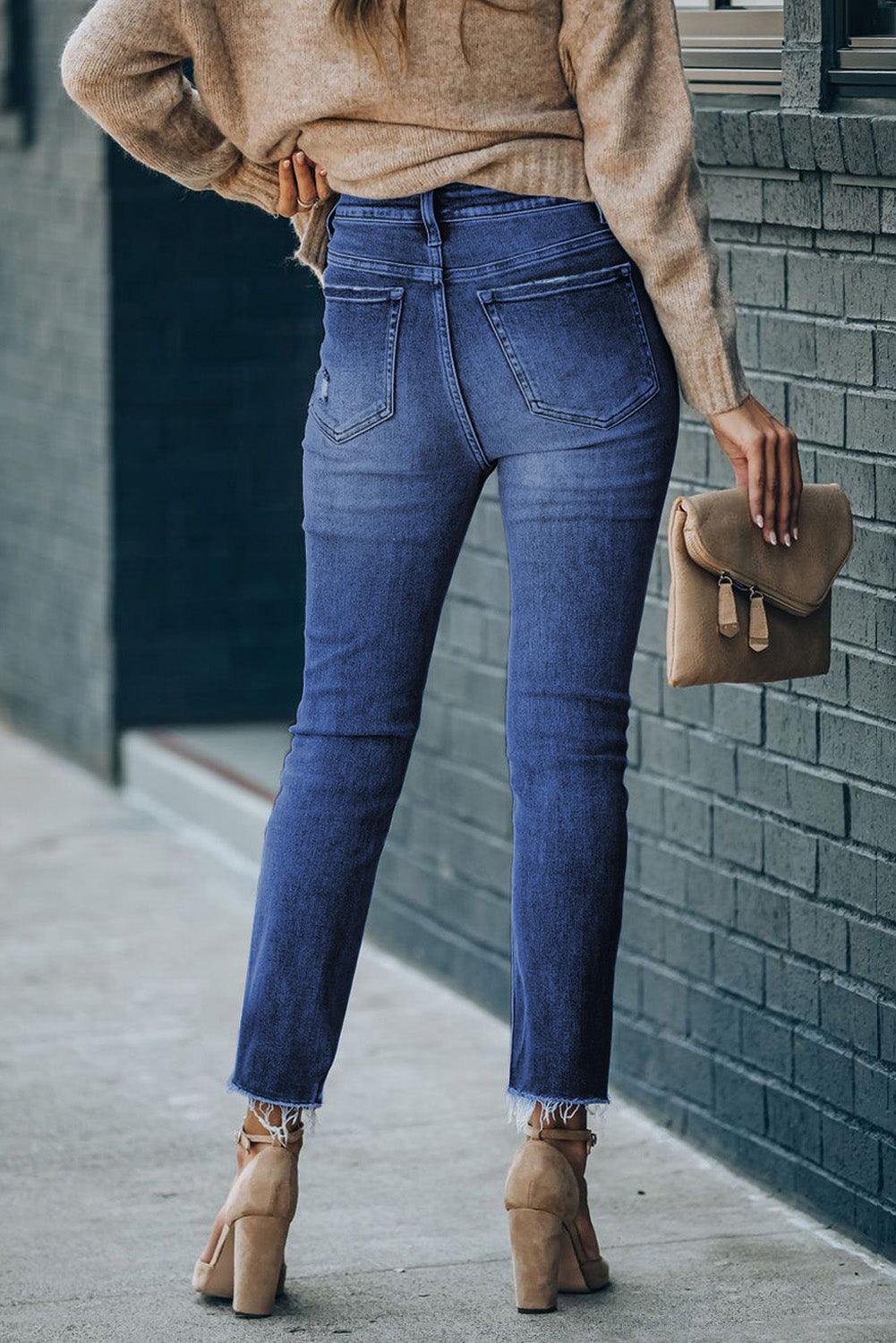 High Waist Raw Hem Skinny Jeans - Trendsi