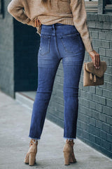 High Waist Raw Hem Skinny Jeans - Trendsi