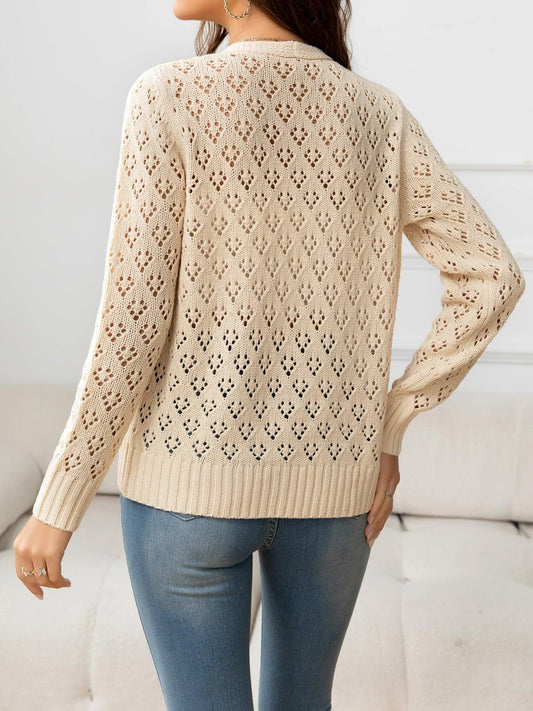 Openwork V-Neck Buttoned Knit Top - Trendsi
