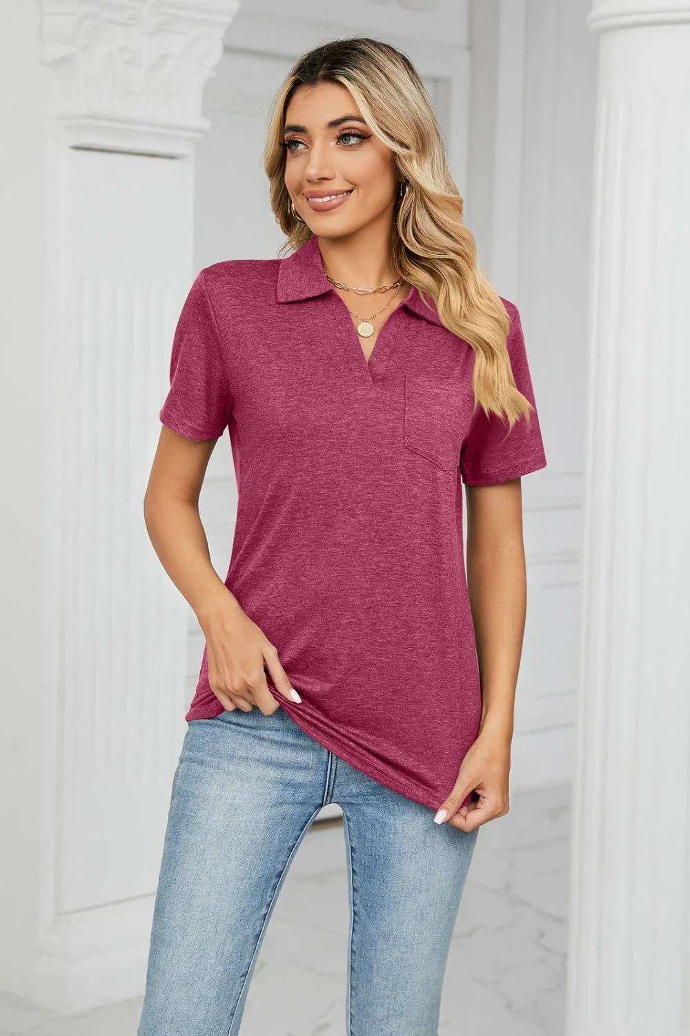 Curved Hem Johnny Collar Polo Shirt - Trendsi - Flyclothing LLC