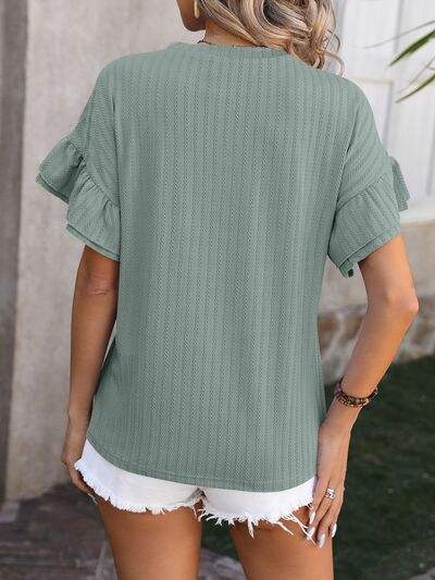 Ruffled Round Neck Short Sleeve Blouse - Trendsi - Flyclothing LLC