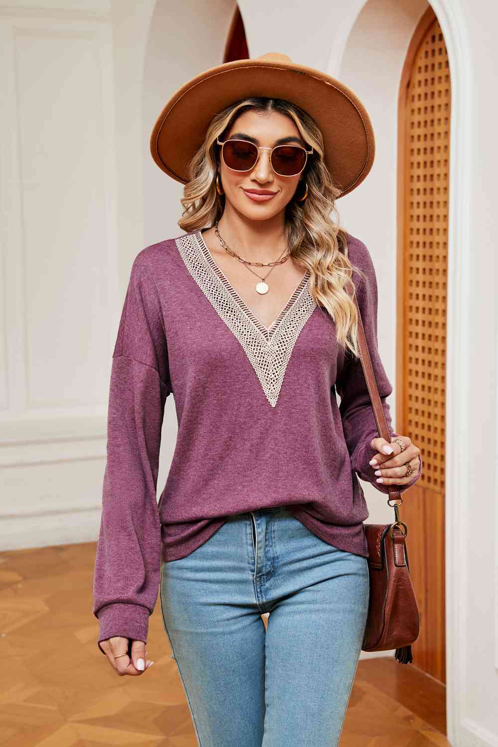 Contrast V-Neck Long Sleeve Blouse - Trendsi - Flyclothing LLC