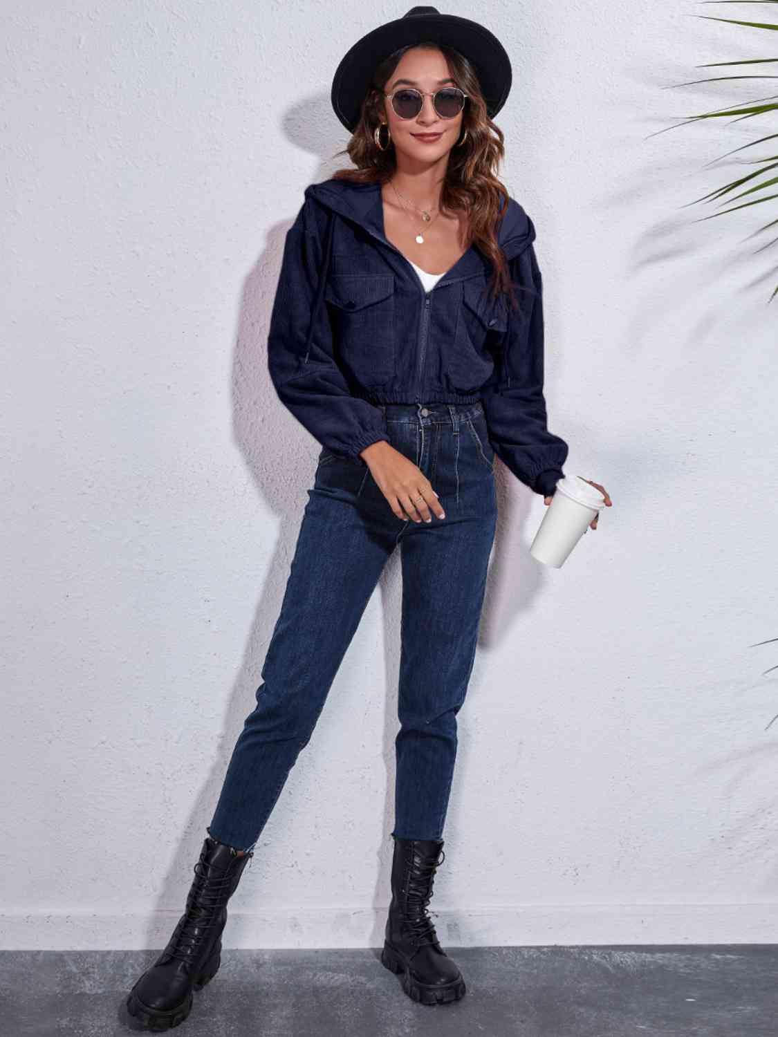 Drawstring Hooded Zip Up Jacket with Pockets - Trendsi