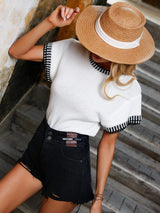 Contrast Round Neck Short Sleeve Knit Top - Trendsi - Flyclothing LLC