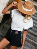 Contrast Round Neck Short Sleeve Knit Top - Trendsi - Flyclothing LLC