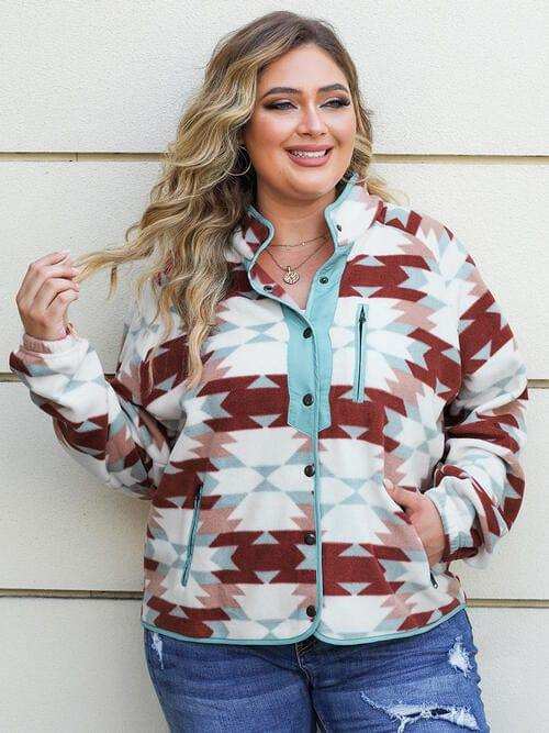 Plus Size Geometric Snap Down Long Sleeve Jacket - Trendsi - Flyclothing LLC