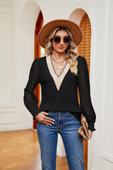 Contrast V-Neck Long Sleeve Blouse - Trendsi