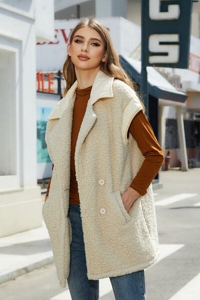 Fuzzy Collared Neck Button Up Vest Coat - Trendsi