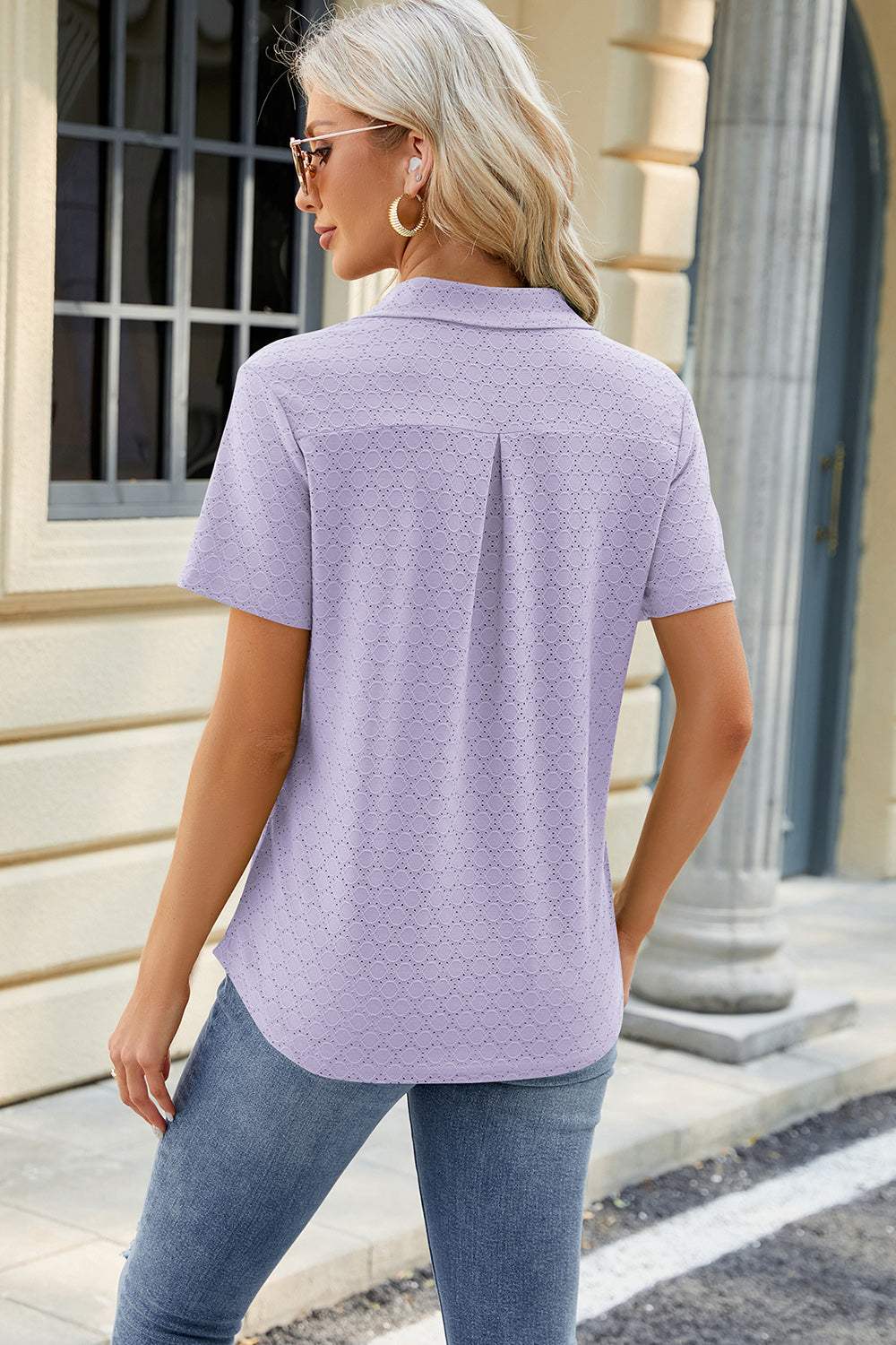 Pocketed Johnny Collar Short Sleeve Blouse - Trendsi - Flyclothing LLC