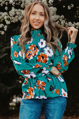 Floral Smocked Mock Neck Flounce Sleeve Blouse - Trendsi