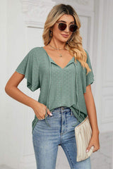 Eyelet Tie-Neck Flutter Sleeve Top - Trendsi - Flyclothing LLC