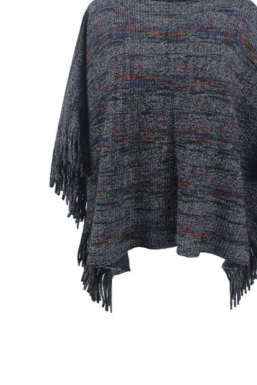 Round Neck Fringe Detail Sleeve Poncho - Trendsi - Flyclothing LLC