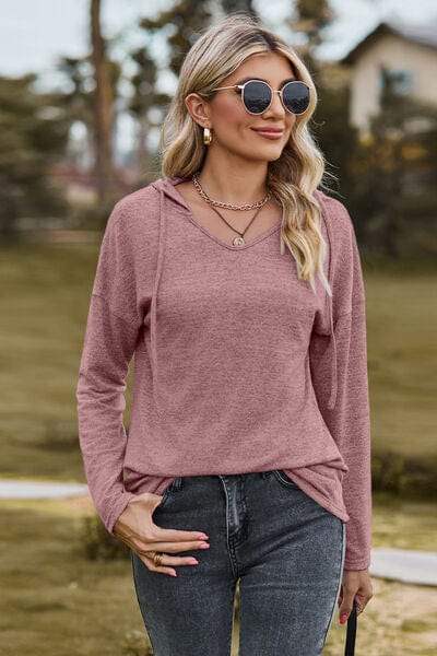 Drawstring Dropped Shoulder Hooded T-Shirt - Trendsi - Flyclothing LLC