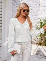 Applique V-Neck Flounce Sleeve T-Shirt - Trendsi - Flyclothing LLC