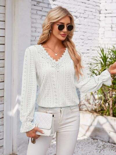 Applique V-Neck Flounce Sleeve T-Shirt - Trendsi - Flyclothing LLC