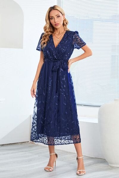 Sequin Leaf Embroidery Tie Front Short Sleeve Dress - Flyclothing LLC