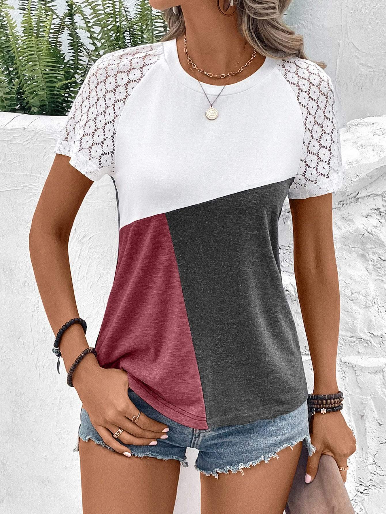 Color Block Raglan Sleeve Round Neck Tee - Trendsi - Flyclothing LLC