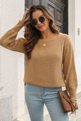 Ribbed Openwork Sleeve Round Neck Pullover Sweater - Trendsi - Flyclothing LLC