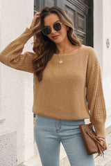 Ribbed Openwork Sleeve Round Neck Pullover Sweater - Trendsi