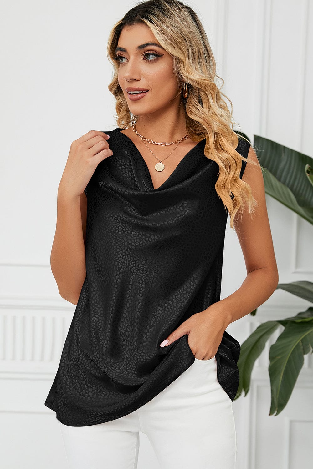 Ruched Cowl Neck Tank - Trendsi