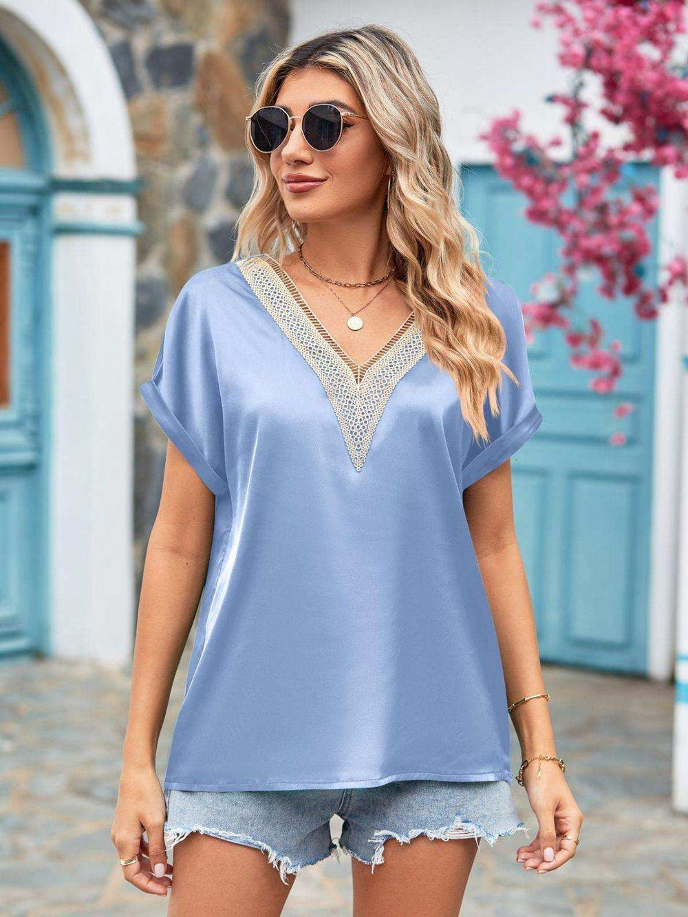 V-Neck Cuffed Blouse - Trendsi - Flyclothing LLC