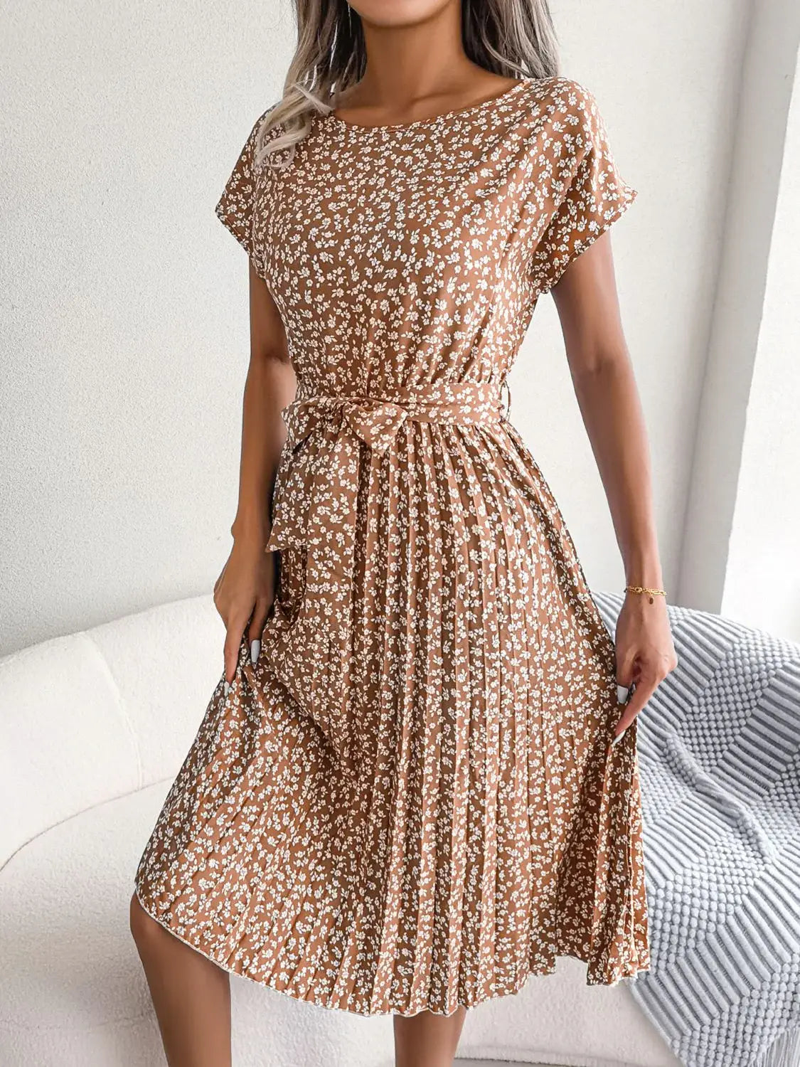 Ditsy Floral Pleated Belted Dress - Trendsi - Flyclothing LLC