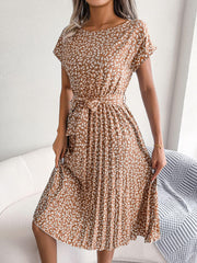 Ditsy Floral Pleated Belted Dress - Trendsi
