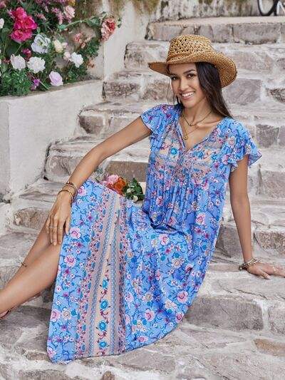 Ruffled Printed Tie Neck Cap Sleeve Dress - Trendsi - Flyclothing LLC