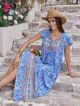 Ruffled Printed Tie Neck Cap Sleeve Dress - Trendsi - Flyclothing LLC