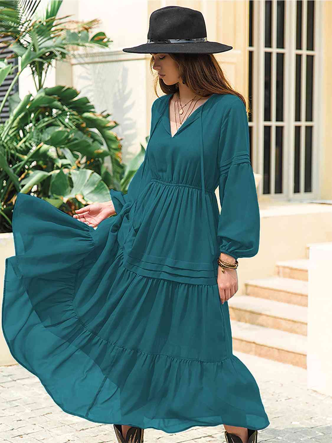 Tie Neck Long Sleeve Midi Tiered Dress - Trendsi - Flyclothing LLC