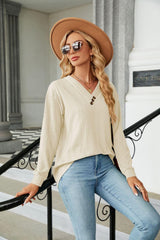 Decorative Button V-Neck Long Sleeve T-Shirt - Trendsi
