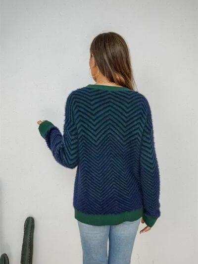 Striped Round Neck Dropped Shoulder Sweater - Trendsi - Flyclothing LLC