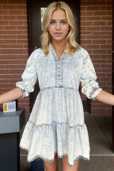V-Neck Half Sleeve Mini Denim Dress - Trendsi - Flyclothing LLC