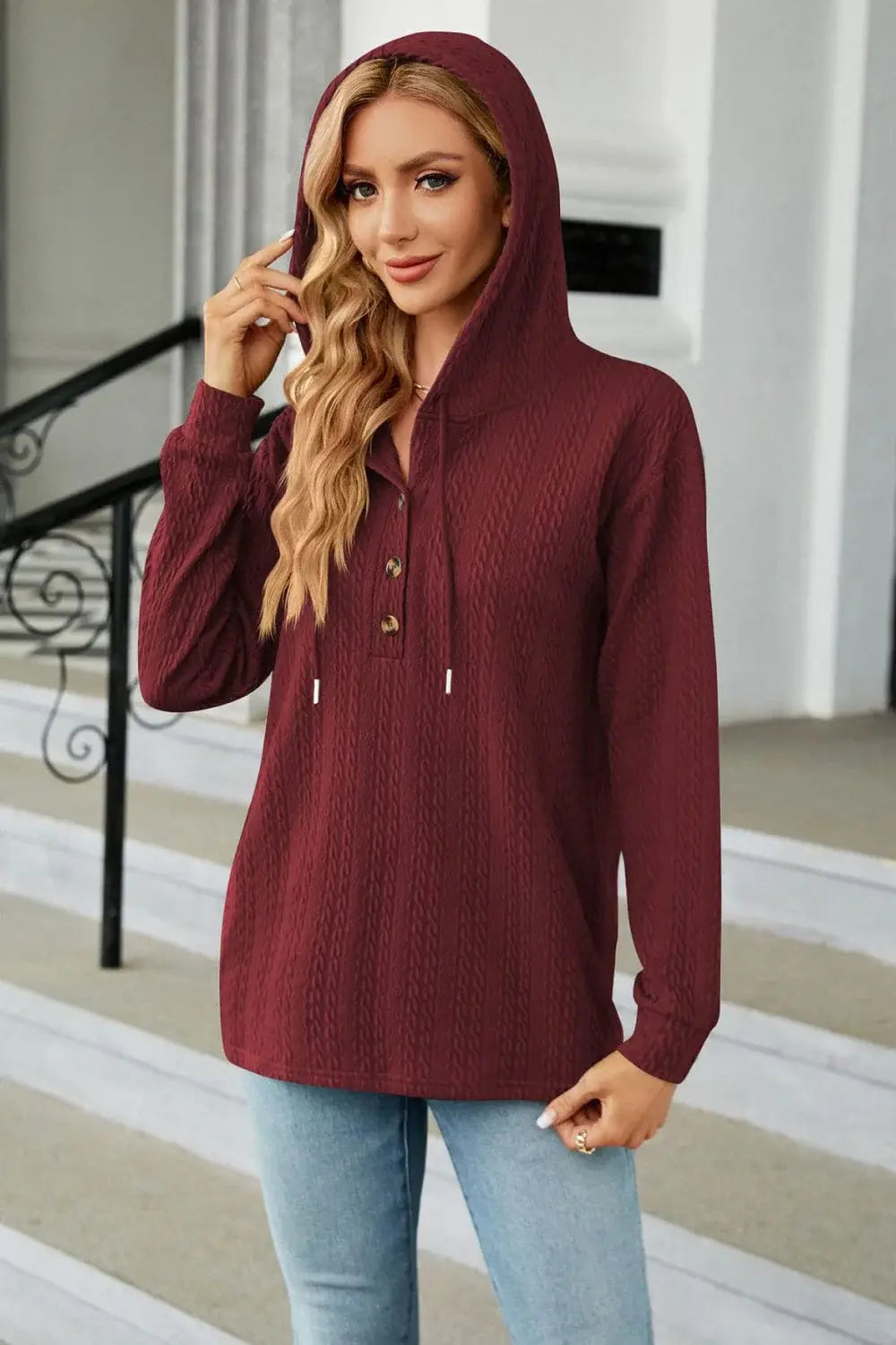 Cable-Knit Long Sleeve Hoodie - Trendsi - Flyclothing LLC
