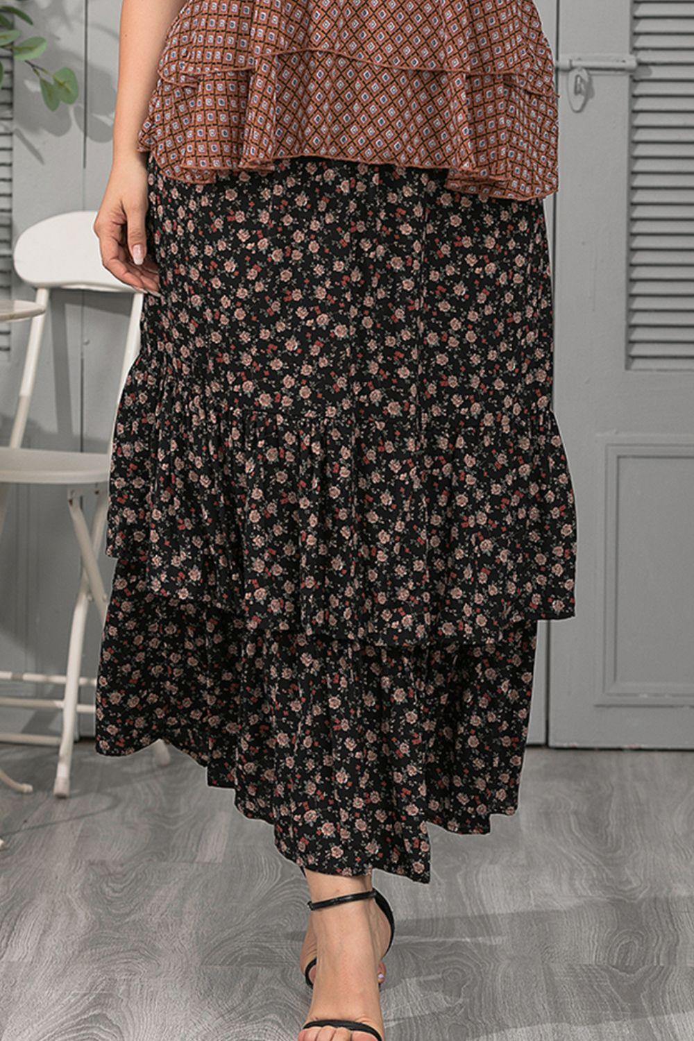 Plus Size Ditsy Floral Layered Maxi Skirt - Trendsi