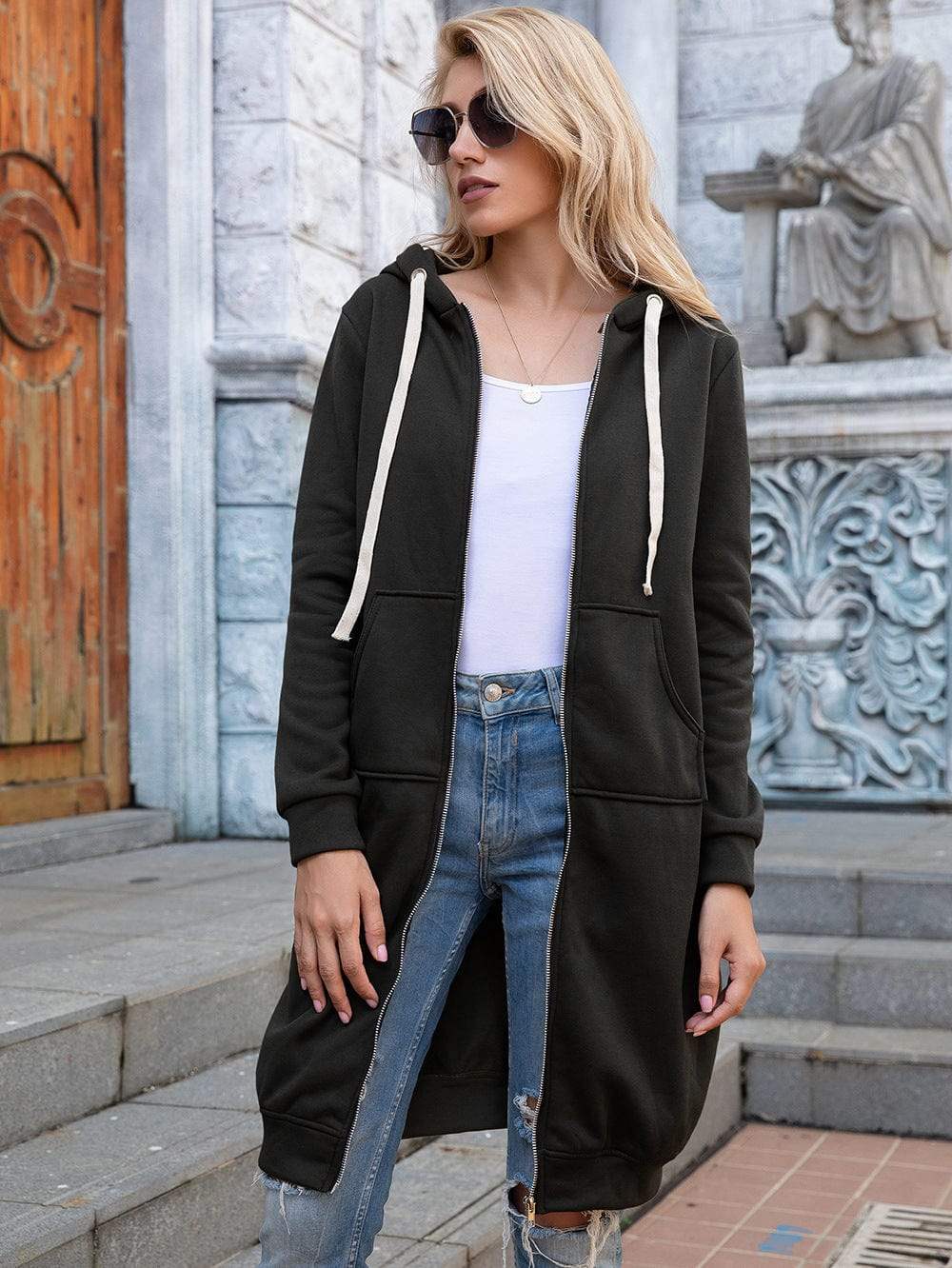 Full Size Zip-Up Longline Hoodie with Pockets - Trendsi - Flyclothing LLC