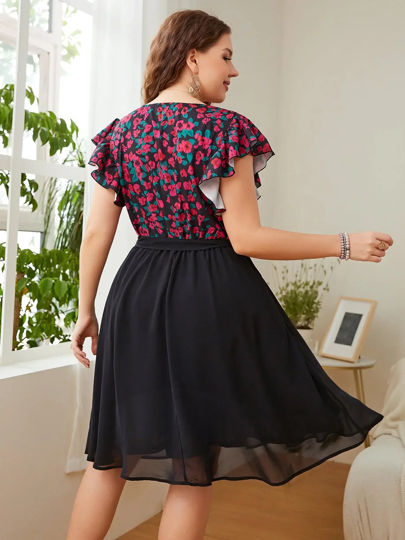 Plus Size Floral Surplice Neck Flutter Sleeve Dress - Trendsi - Flyclothing LLC