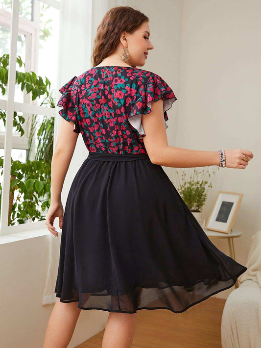 Plus Size Floral Surplice Neck Flutter Sleeve Dress - Trendsi - Flyclothing LLC
