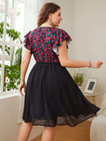Plus Size Floral Surplice Neck Flutter Sleeve Dress - Trendsi - Flyclothing LLC