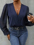 Ruched Surplice Long Sleeve Bodysuit - Trendsi - Flyclothing LLC