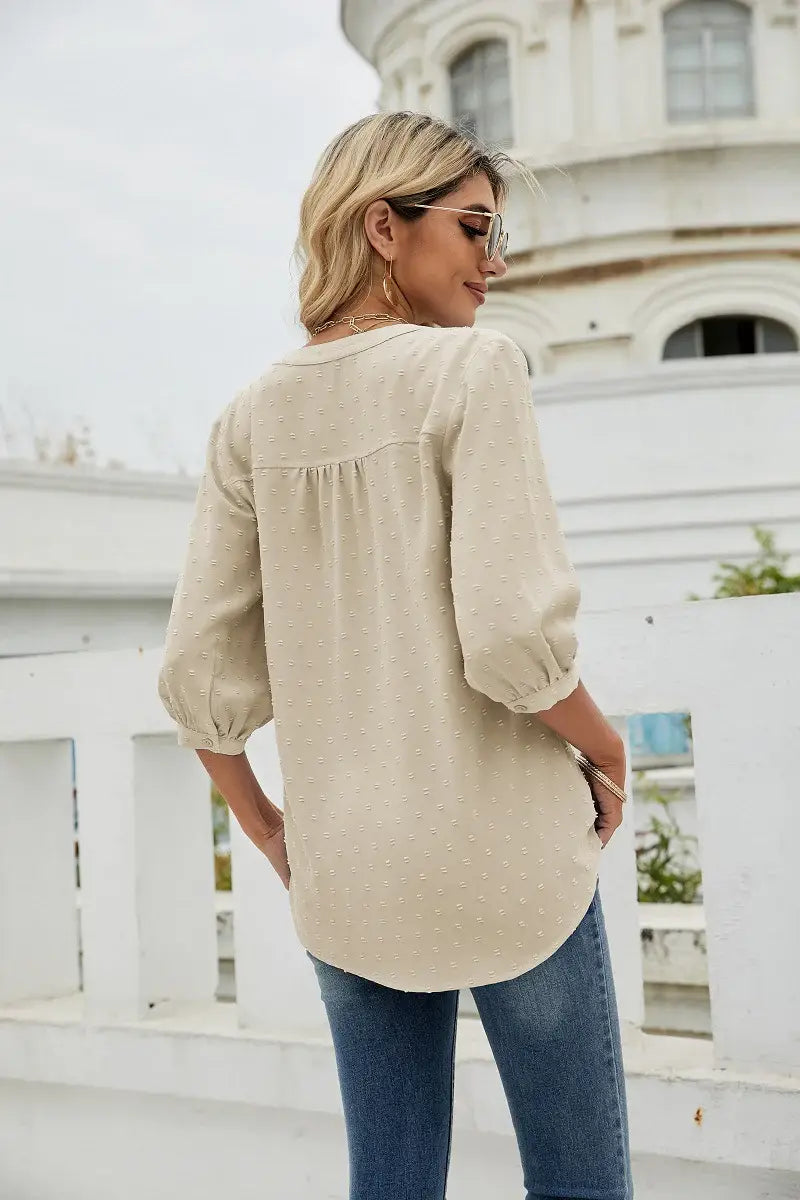Swiss Dot Notched Neck Three-Quarter Sleeve Blouse - Trendsi - Flyclothing LLC