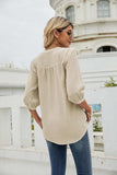 Swiss Dot Notched Neck Three-Quarter Sleeve Blouse - Trendsi - Flyclothing LLC