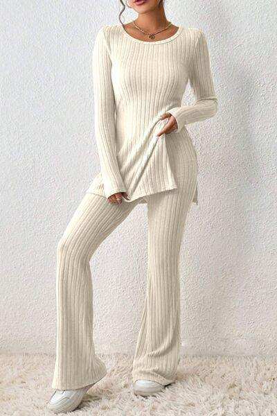 Ribbed Long Sleeve Slit Top and Bootcut Pants Set - Trendsi - Flyclothing LLC